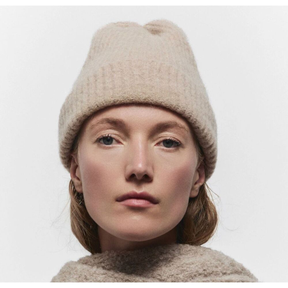 JANESSA LEONE Wool Alpaca Ribbed Knit Beanie Oatmeal ONE SIZE
